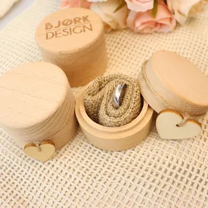 Personalized Engraved Round Shape Wooden Small Jewelry Packaging Box Wooden Engagement Wedding Ring Box With Custom Logo