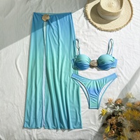 Ensemble bikini 3 pièces pour femme, style halter, avec décorations métalliques coquillage inspirées des huîtres, maillot de bain à fines bretelles et jupe paréo transparente pour la plage