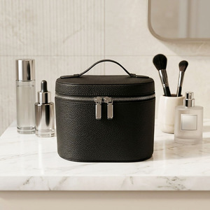 Cylindrical Black Letter Pattern Eco-Friendly Water Resistant Luxury Leather <b>Makeup</b> <b>Case</b> Professional Beauty Storage Box Silver - Product Image 6