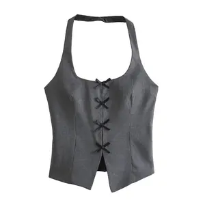 Camiseta sin mangas Halter de moda informal con cordones y abertura en la espalda de color gris para mujer