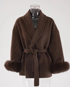 Cappotto Invernale Natalizio da Donna alla Moda in Lana con Pelliccia di Volpe e Cappuccio, Tendenze Giacche da Donna, Lungo Cappotto in Cashmere e Lana con Cintura e Pelliccia - Product Image 4