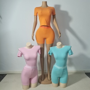 Set Dua Potong Wanita Musim Panas Warna Candy Y2K Slim Fit Atasan Lengan Pendek Celana Pendek Pinggang Tinggi Bahan Spandex Katun Kasual Pakaian Kustom - Product Image 5