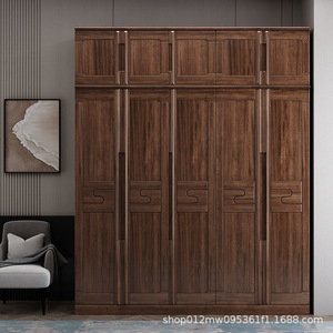 Modern Chinese Style Solid Wood <b>Wardrobe</b> Five Doors Walnut Wood Double Doors Master Bedroom Light Luxury <b>Wardrobe</b> Installation - Product Image 2