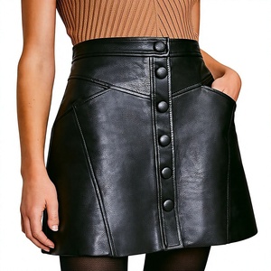 Women High Waist <b>Leather</b> A-Line <b>Mini</b> <b>Skirt</b> With Button Decoration Moto Biker Style Solid Color Shiny Finish - Product Image 1