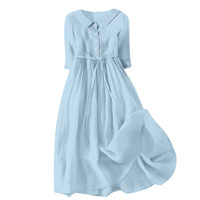 Nouvelle Robe d'été pour Femme, Coupe Trapèze, Imprimé Floral Bohème, à Lacets, Couleur Unie, Col Revers, Manches Trois-Quarts, Style Décontracté