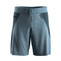 Short de bain de créateur pour homme, bleu océan, motif palmiers, côtés respirants en maille, poche sécurisée zippée d'un côté, cordon de serrage à la taille