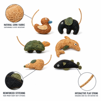 Jouets à mâcher pour chats d'intérieur de haute qualité, durables, interactifs et écologiques, en forme de souris, tortue, éléphant, dauphin, en liège écologique et peluche naturelle
