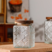 Bocaux carrés en verre borosilicate gravé avec couvercle en bois pour biscuits, bonbons, rangement de cuisine, décoration intérieure, design artistique