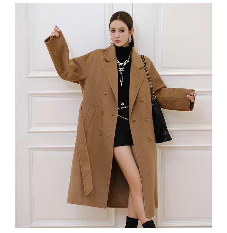 Autumn and winter retro time camel hair overcoat high sense one-piece sleeve long lace women's woolen coat