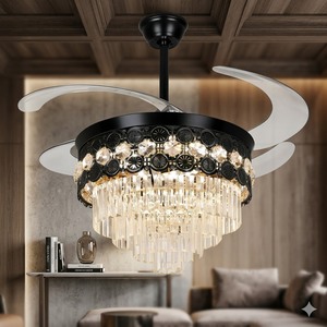 Premium LED <b>Ceiling</b> <b>Fan</b> <b>with</b> Crystal Chandelier Retractable Blades <b>Remote</b> Control Silent Motor Elegant Home Decor - Product Image 4