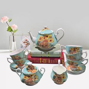 Service à café et thé vintage Van Gogh Tournesol 15 pièces en porcelaine fine classique avec tasses florales, crémier, sucrier et théière - Product Image 5