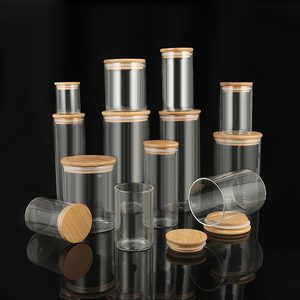Nhà Máy Tùy Chỉnh Hình Ống Chai Thủy Tinh Số Lượng Lớn Thực Phẩm Container Gia Vị <span class=keywords><strong>Jar</strong></span> Nút Chai Nắp Thủy Tinh Borosilicate Lưu Trữ <span class=keywords><strong>Jar</strong></span> Với Nắp Tre - Product Image 1