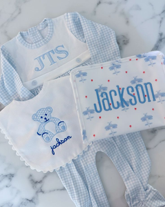 Оптовая продажа, красный и синий комплект одежды для новорожденных с вышивкой и круглым вырезом, хлопковый детский длинный комбинезон - Product Image 2