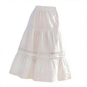 Women's <b>Elastic</b> Waist Linen A-Line Midi Skirt With <b>Lace</b> Trim Prairie Chic Style Solid Color Breathable Woven Fabric - Product Image 2