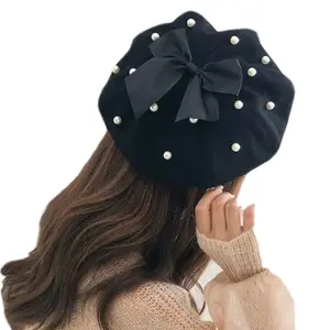 ชุดเดรสแฟชั่นขนสัตว์สำหรับผู้หญิงหมวกเบเร่ต์ประดับลูกปัดฝรั่งเศสหมวกจิตรกร