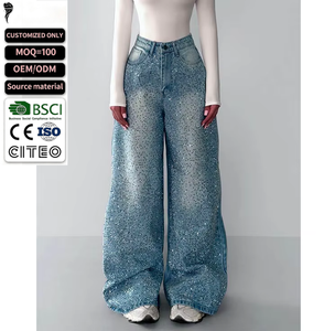Vaqueros de mezclilla de cintura alta y pierna ancha con pedrería para hombre, estilo Y2K, corte holgado, lavado claro, pantalones brillantes de streetwear - Product Image 1