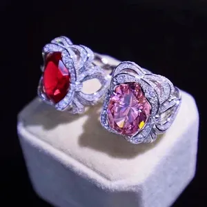 Luxury 925 Sterling Silver Pink Garnet Red Large Zircon Diamond Ring Jewelry for Women