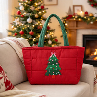 Sac fourre-tout de Noël matelassé personnalisé en gros, sac à main brodé motif arbre pour cadeaux de fêtes et shopping
