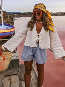 Primavera donna nuovo Top Streetwear con manica profonda in corno a V ampio scollo a V a maniche lunghe camicie con fiocco in lino di cotone rosse - Product Image 6