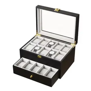 Kotak Penyimpanan Jam Tangan Mewah 20 Slot Kotak Penyimpanan Jam Tangan Kayu Hitam Kotak Display Jam Tangan Kulit PU Pria Ide Hadiah Lapisan Ganda