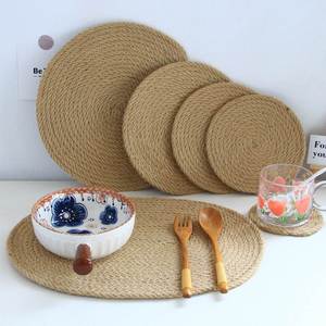 Tapis de table isolant en paille de lin tressée style japonais, sous-verre vintage anti-brûlure, accessoires de maison Japandi, tapis de bol et dessous de plat - Product Image 1