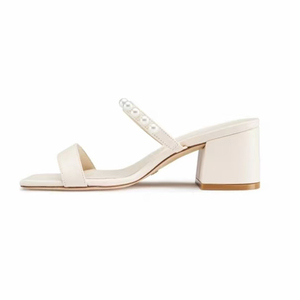 Women's Pearls Double Straps Sandals Open Square Toe on <b>Shoes</b> Low Chunky Heels Silver Slides Dress Mules - Product Image 2