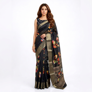 Sari de seda negro con estampado digital y borde dorado para mujer, ropa tradicional de boda estilo India-Pakistán, largo hasta el suelo, corte regular. - Product Image 1