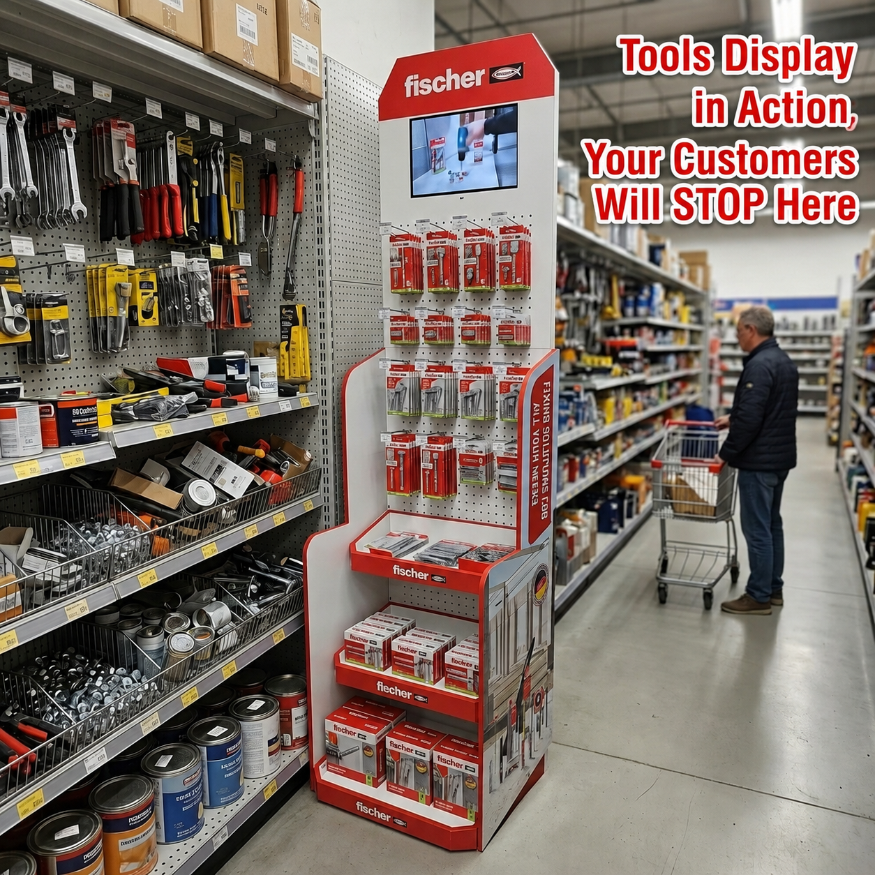 Wholesale Custom Metal Tool Display Rack with LCD Modules Screen Monitors LCD Display for Hardware Store Power Tool Stand Fix — view 2