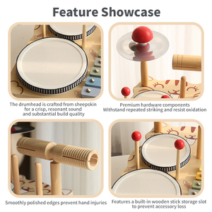 Jouets musicaux éducatifs en bois, station musicale multifonctionnelle, percussion Montessori, jouets sensoriels pour bébés, xylophone à 6 pièces, tambour à main - Product Image 2
