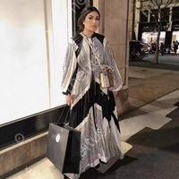 Robe plissée ample décontractée pour femme, style défilé, automne, vintage, manches lanternes, imprimé géométrique rétro, tendance
