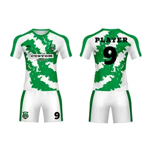 カスタム高品質緑と白のサッカーキッズユニフォームポリエステル生地学校サッカースポーツユニフォーム