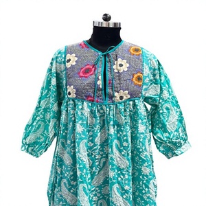 Vestido Maxi Anarkali Floral Turquesa 100% Algodón con Cuello Atado, Cintura Imperio, Silueta en A, Mangas Holgadas, Ajuste Relajado, Casual - Product Image 1