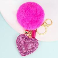 Porte-clés Cœur Scintillant en Strass avec Pompon en Fourrure pour Femme, Breloque de Sac Esthétique en Cristal, Cadeau de Luxe, Vente en Gros