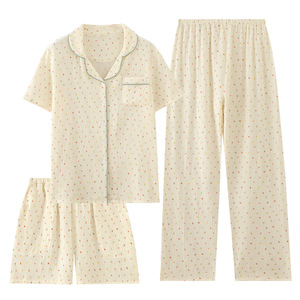 Pur <span class=keywords><strong>coton</strong></span> trois pièces pyjama ensemble taille élastique Satin à manches courtes revers hauts Shorts pour printemps été mince crêpe automne <span class=keywords><strong>gaze</strong></span> - Product Image 5