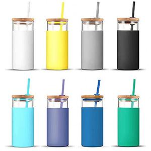 Gobelet en verre multicolore sans BPA de 20 oz, bouteille d'eau en verre avec paille, manchon de protection en silicone, couvercle en bambou - Product Image 1