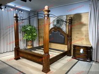 Ensemble de meubles de chambre d'hôtel de luxe de style américain traditionnel, structure en bois massif, lit à baldaquin sculpté à la main, lit royal king size