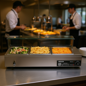 Calentador de Alimentos Eléctrico Comercial Vevor, 3 Recipientes, Acero Inoxidable, Tapa de Vidrio, Baño María de Sobremesa, Modelo para Catering - Product Image 2