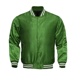 Men's Green Satin Varsity <b>Jacket</b> Regular Fit Button Closure Solid Color Casual Autumn Wear Turn-down Collar - Product Image 3