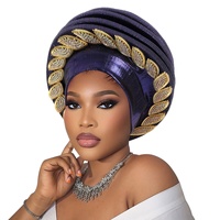 Foulard Gele pour femmes africaines - Gele automatique scintillant violet, design élégant feuille de cristal, style exagéré toutes saisons pour mariage
