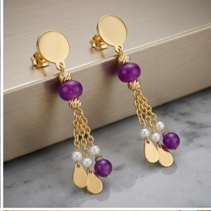 Conjunto de Collar y Pendientes de Plata 925 Italiana con Eslabones Circulares Dorados y Cuentas para Mujer, Joyería de Moda - Product Image 2