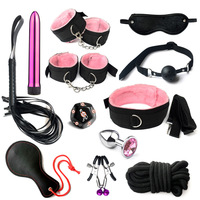 Ensemble de 12 pièces pour bondage : Menottes, Bâillon, Bandeau pour les yeux, Paddle, Pinces à tétons, Plug anal en métal, Jouet sexuel pour adultes, Produit BDSM pour couple