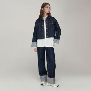 Trendy Wide Cuff Dark Indigo <strong>Jeans</strong> for Women High Waisted Loose Fit <strong>Turn</strong> <strong>Up</strong> Denim Pants Vintage Workwear Street Style Trousers - Product Image 2
