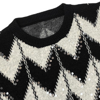 Pull en maille à col rond pour femme, imprimé chevron, manches longues bouffantes, jacquard à sequins, motif noir et blanc, pull décontracté