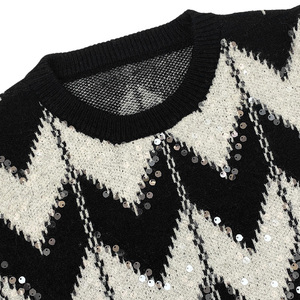 Maglione da Donna con Collo Tondo e Stampa Chevron, Maniche Lunghe a Sbuffo, Motivo Jacquard con <span class=keywords><strong>Paillettes</strong></span> in Bianco e Nero, Pullover Casual - Product Image 3