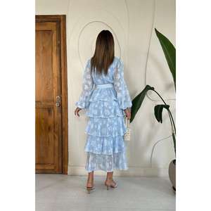 Robe trapèze superposée bleu ciel à taille naturelle en tissu translucide pour usage quotidien décontracté - Product Image 1