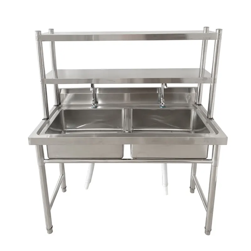 Washing Sink Commercial Double Bowl Sink Square Bowl Worktable Stainless Steel Kitchen Sink With Stand And Faucet
