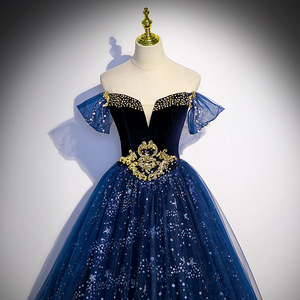 Blue Off The Shoulder Ball Gown Empire Waist Royal Blue Tulle Sparkle Evening Dress For Formal Events - Product Image 3