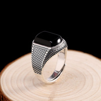 Bague Noire Vintage en Argent Sterling 925 Véritable pour Hommes, Bijoux Turcs avec Pierre d'Agate Naturelle