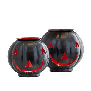 Juego de 2 Portavelas Metálicos de Halloween con Diseño de Rostro en Color Negro para Decoración del Hogar en Halloween - Product Image 1