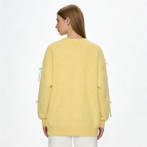 <strong>Yellow</strong> Acrylic Polyester Nylon Crocheted Casual <strong>Women's</strong> Long-sleeved Spring Fashion <strong>Jumper</strong> with Bows Quick Dry Warm - Product Image 2